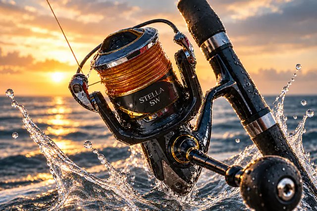 Saltwater spinning reel mounted on a fishing rod