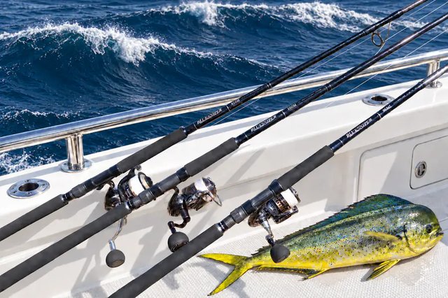 Saltwater fishing rods prepared on an offshore fishing boat