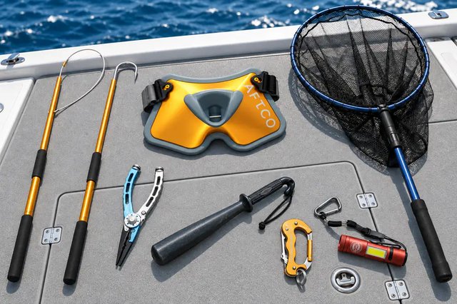 Fishing tools pliers and landing net on a boat
