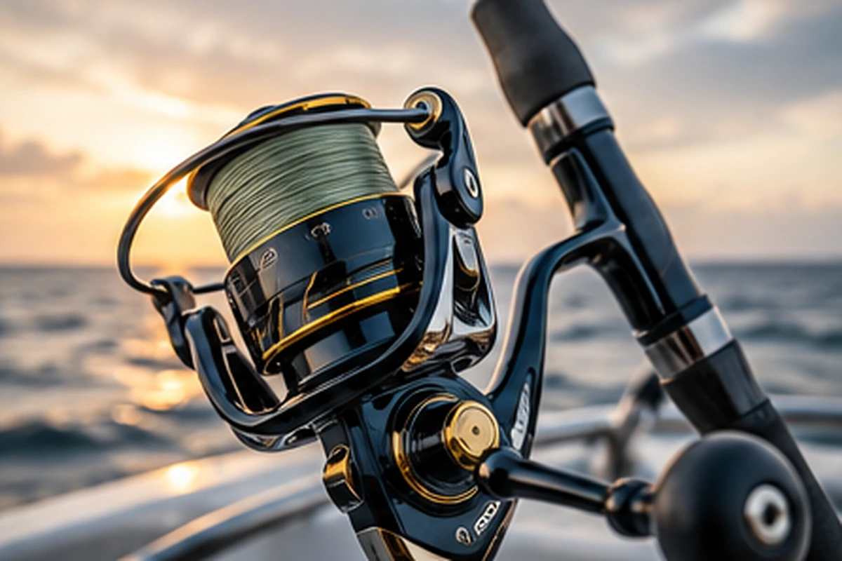 Saltwater spinning reel mounted on a fishing rod