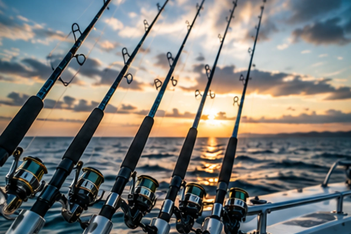 Saltwater fishing rods prepared on an offshore fishing boat