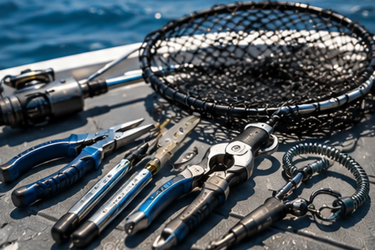 Fishing tools pliers and landing net on a boat