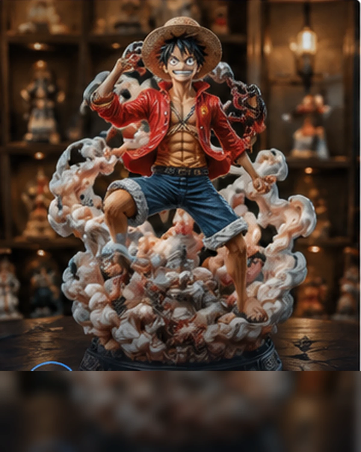 A detailed character figurine displayed on a lit collector's shelf