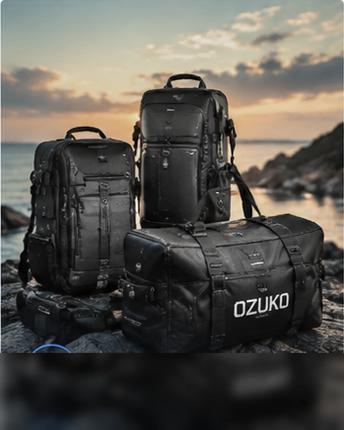 Travel backpacks and a holdall on coastal rocks at sunset
