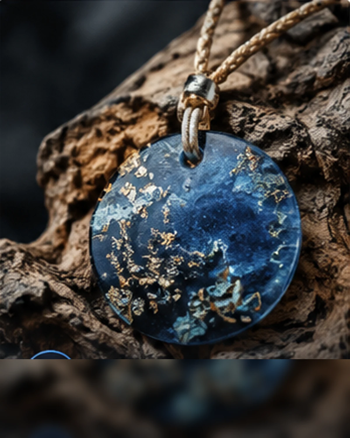 A handmade pendant with gold and blue detail resting on driftwood