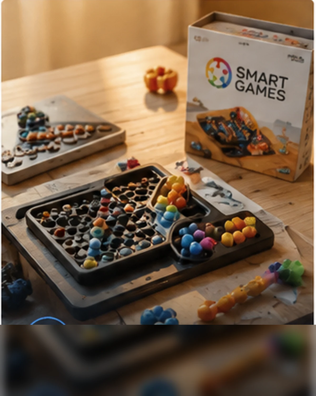 A puzzle game laid out with colourful pieces on a wooden table