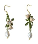 Myrtilus Asymmetric Freshwater Pearl Earrings – Handmade with Butterfly & Orchid Motifs