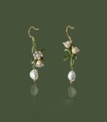 Myrtilus Asymmetric Freshwater Pearl Earrings – Handmade with Butterfly & Orchid Motifs