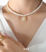 Myrtilus Baroque Freshwater Pearl Necklace – Oval Rose Pendant with Gold-Plated Stainless Steel
