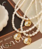 Myrtilus Baroque Freshwater Pearl Necklace – Oval Rose Pendant with Gold-Plated Stainless Steel