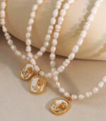 Myrtilus Baroque Freshwater Pearl Necklace – Oval Rose Pendant with Gold-Plated Stainless Steel