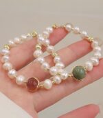 Myrtilus Feng Shui Pearl Bracelet – Freshwater Pearls with Strawberry Quartz