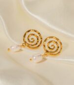 Myrtilus Geometric Spiral Pearl Drop Earrings – 18K Gold Plated Stainless Steel Jewelry for Women