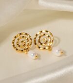 Myrtilus Geometric Spiral Pearl Drop Earrings – 18K Gold Plated Stainless Steel Jewelry for Women