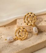 Myrtilus Geometric Spiral Pearl Drop Earrings – 18K Gold Plated Stainless Steel Jewelry for Women
