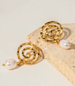 Myrtilus Geometric Spiral Pearl Drop Earrings – 18K Gold Plated Stainless Steel Jewelry for Women