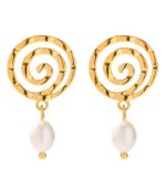 Myrtilus Geometric Spiral Pearl Drop Earrings – 18K Gold Plated Stainless Steel Jewelry for Women