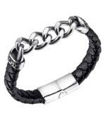 Myrtilus Men’s Stainless Steel Braided Leather Bracelet – Geometric Magnetic Clasp Design