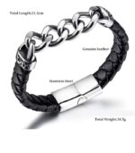 Myrtilus Men’s Stainless Steel Braided Leather Bracelet – Geometric Magnetic Clasp Design