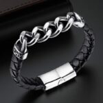 Myrtilus Men’s Stainless Steel Braided Leather Bracelet – Geometric Magnetic Clasp Design