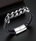 Myrtilus Men’s Stainless Steel Braided Leather Bracelet – Geometric Magnetic Clasp Design