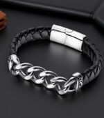 Myrtilus Men’s Stainless Steel Braided Leather Bracelet – Geometric Magnetic Clasp Design