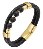 Myrtilus Men’s Volcanic Rock Leather Bracelet – Braided Stone Bead Design