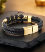 Myrtilus Men’s Volcanic Rock Leather Bracelet – Braided Stone Bead Design