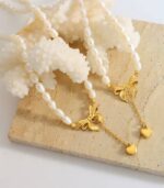 Myrtilus Pearl Necklace with Bow & Heart Charm – 18K Gold-Plated Stainless Steel