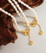 Myrtilus Pearl Necklace with Bow & Heart Charm – 18K Gold-Plated Stainless Steel