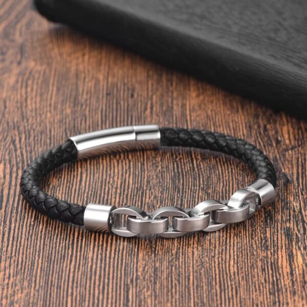 Myrtilus Unisex Leather Bracelet – 21cm Stainless Steel Bangle