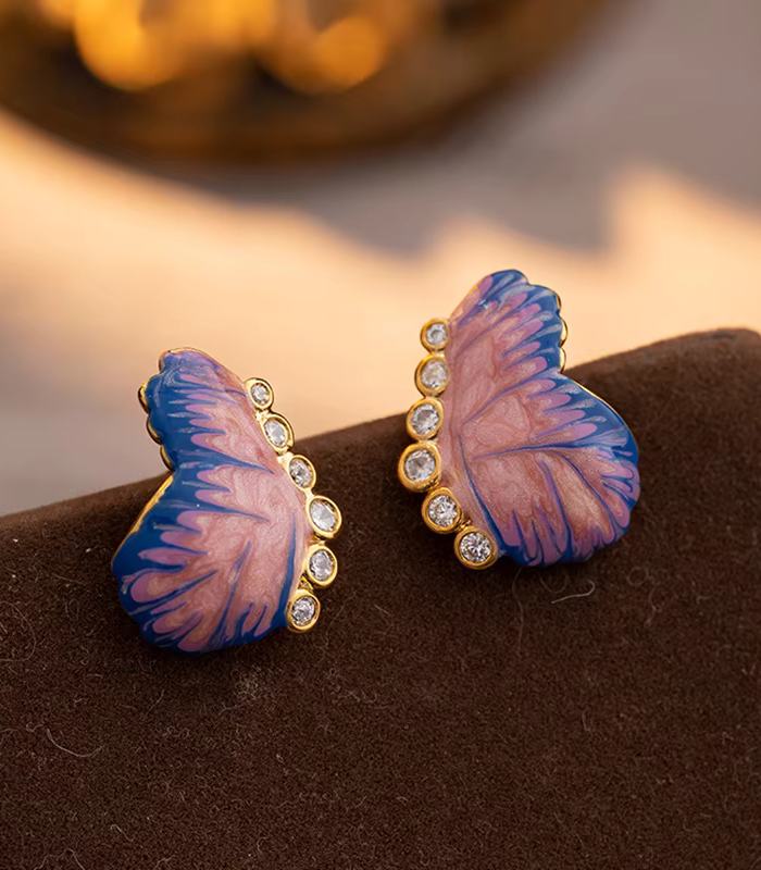 Myrtilus Vintage Butterfly Enamel Stud Earrings – Brass Colorful Party Jewelry