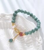 Myrtilus Women’s Jade & Pearl Beaded Bracelet – Strawberry Crystal & Gold Accents