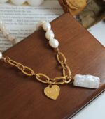 Myrtilus Women’s Pearl Charm Necklace – 18K Gold-Plated LOVE Pendant