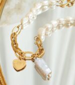 Myrtilus Women’s Pearl Charm Necklace – 18K Gold-Plated LOVE Pendant