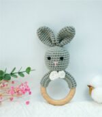 Crochet Ring Rattle Teether – 100% Cotton & Beech Wood Baby Sensory Toy