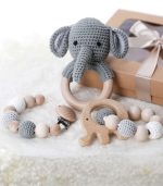 Myrtilus Crochet Elephant Rattle & Teether Set – Handmade in Cotton and Wood