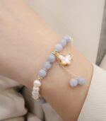 Myrtilus 14K Gold-Plated Aquamarine & Pearl Bracelet – Ginkgo Leaf or Butterfly Charm