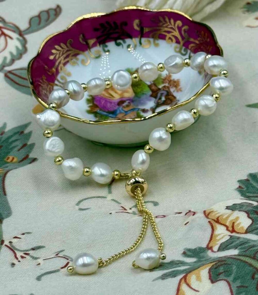Myrtilus 14K Gold-Plated Irregular Pearl Drawstring Bracelet – Handmade with Baroque-Style Beads