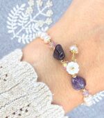 Myrtilus 14K Gold-Plated Pearl & Amethyst Bloom Bracelet – Handmade with Shell Flower Charm