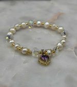 Myrtilus 14K Gold-Plated Pearl & Amethyst Heart Bracelet