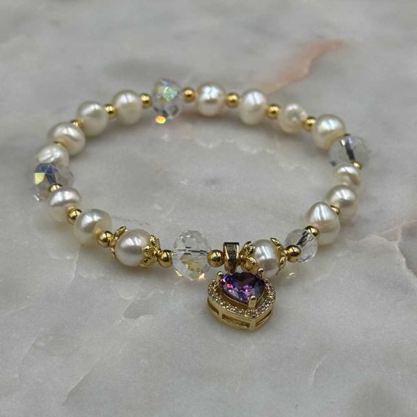 Myrtilus 14K Gold-Plated Pearl & Amethyst Heart Bracelet