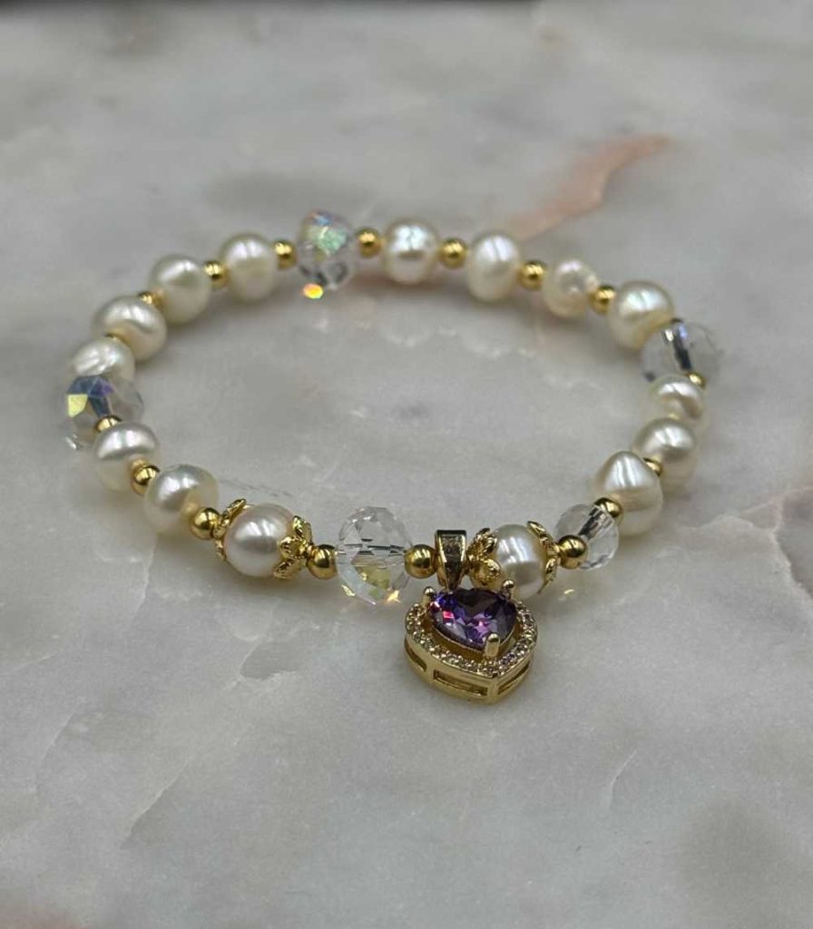 Myrtilus 14K Gold-Plated Pearl & Amethyst Heart Bracelet