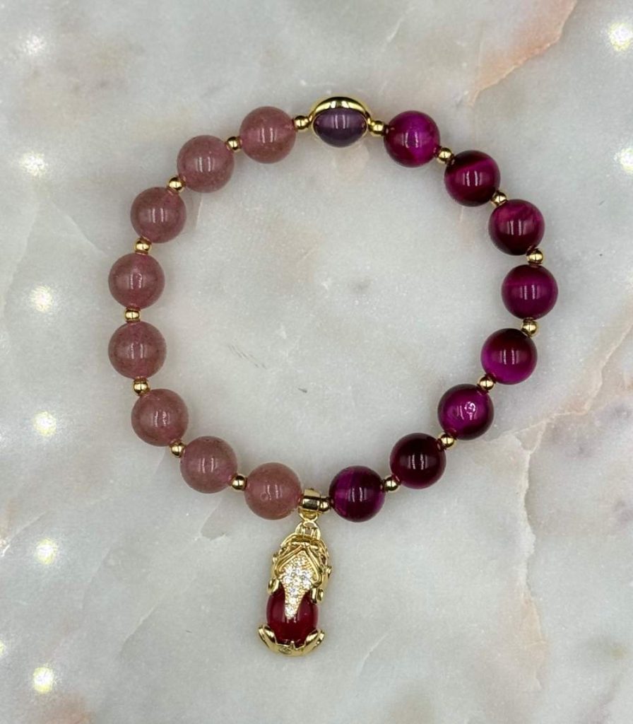 Myrtilus 14K Gold-Plated Strawberry Quartz & Red Tiger Eye PiXiu Bracelet