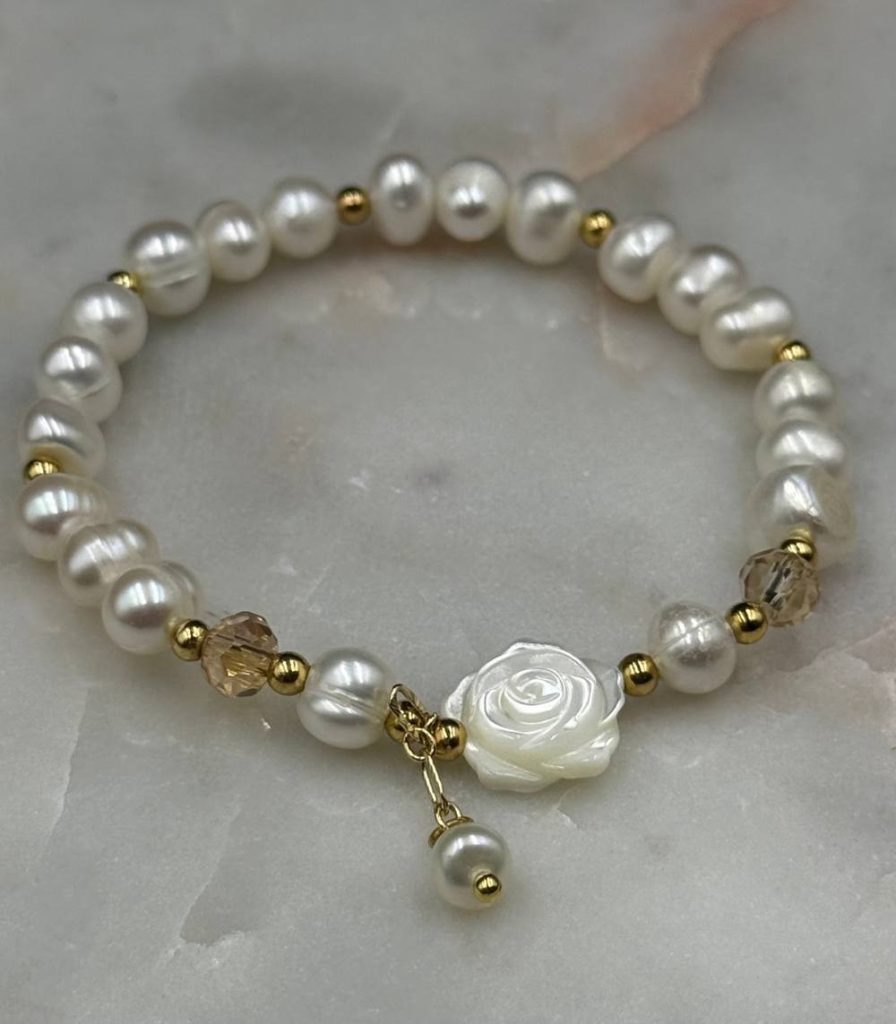 Myrtilus 14K Gold-Plated White Pearl & Shell Rose Bracelet