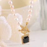 Myrtilus 18K Gold-Plated Pearl Necklace with Black Zircon Pendant – Freshwater Pearls on Stainless Steel Chain