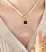 Myrtilus 18K Gold-Plated Pearl Necklace with Black Zircon Pendant – Freshwater Pearls on Stainless Steel Chain