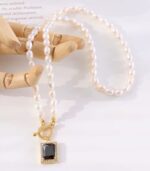 Myrtilus 18K Gold-Plated Pearl Necklace with Black Zircon Pendant – Freshwater Pearls on Stainless Steel Chain