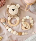 Myrtilus 3-Piece Crochet Baby Rattle Teether Set – Handmade in Cotton & Wood