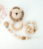 Myrtilus 3-Piece Crochet Baby Rattle Teether Set – Handmade in Cotton & Wood